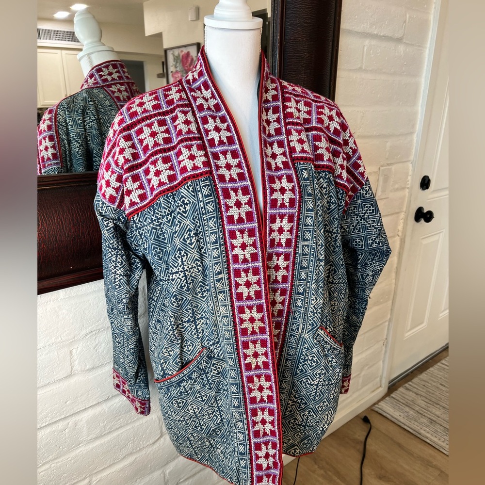 Vintage Hmong Traditional Indigo Batik Jacket Reversible Handmade With Pockets